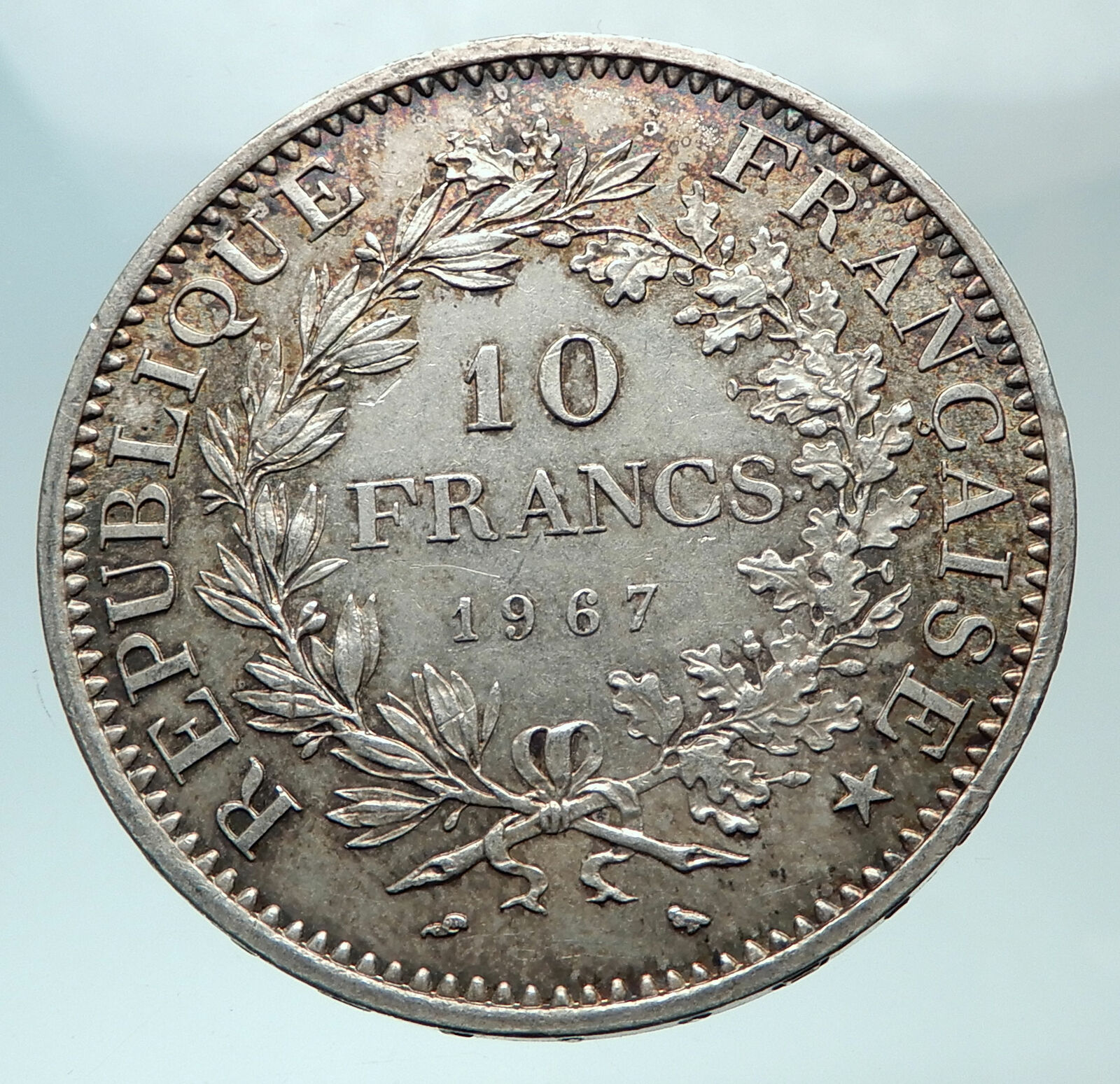 1967 FRANCE Large HERCULES Motto Antique Silver French 10 FRANCS Coin i82442