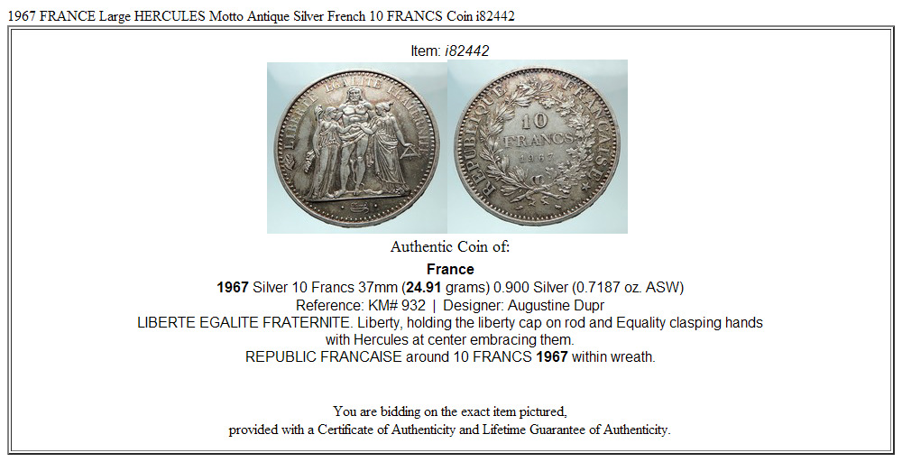 1967 FRANCE Large HERCULES Motto Antique Silver French 10 FRANCS Coin i82442