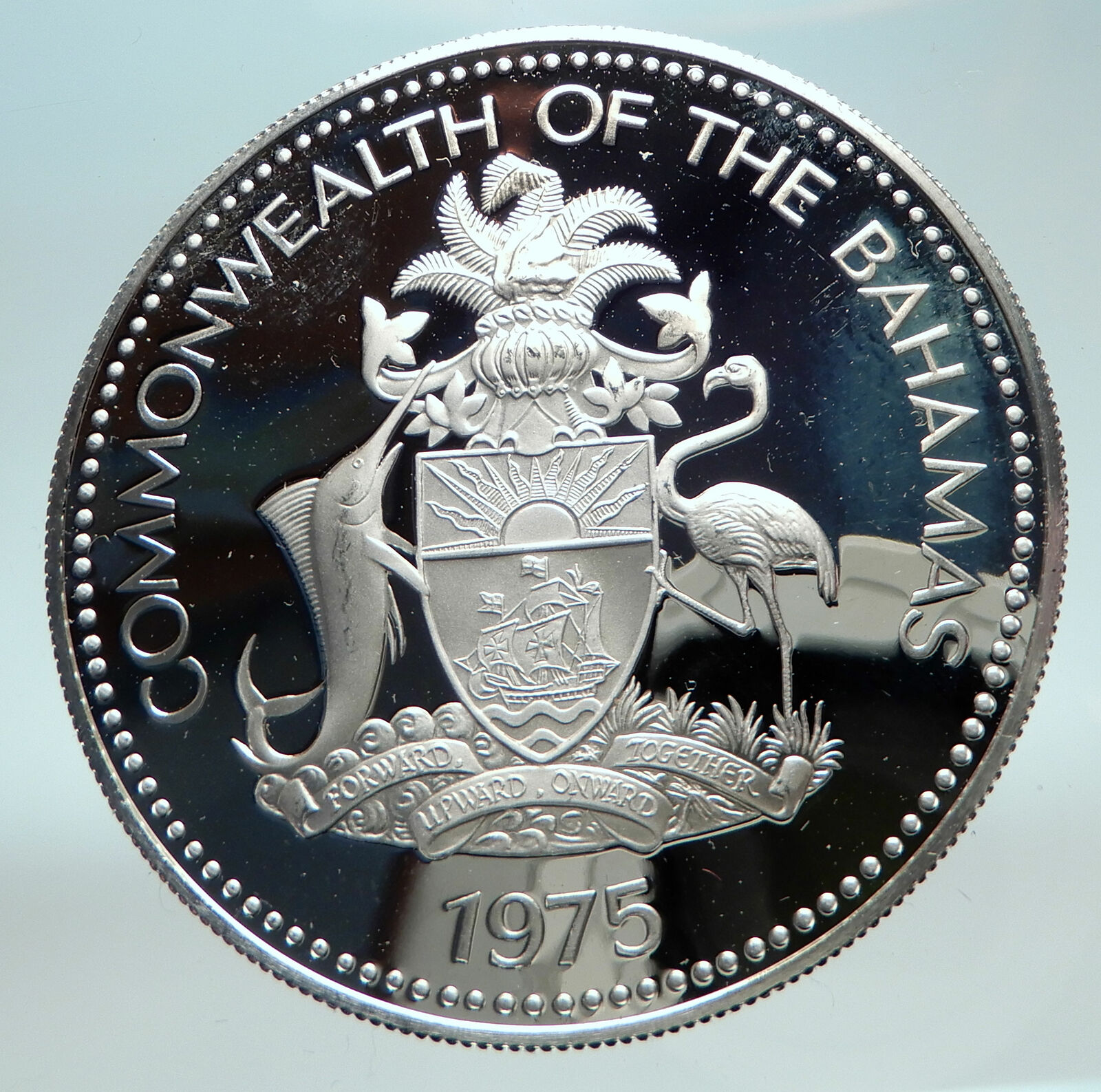 1975 BAHAMAS UK Queen Elizabeth II FLAG Proof Silver Coin 5 Dollars Coin i82672