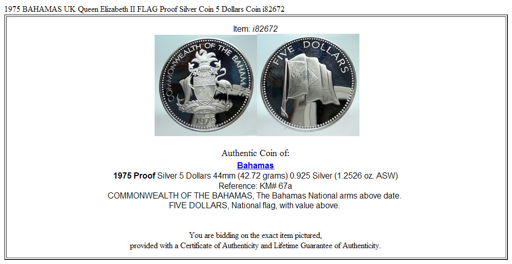 1975 BAHAMAS UK Queen Elizabeth II FLAG Proof Silver Coin 5 Dollars Coin i82672