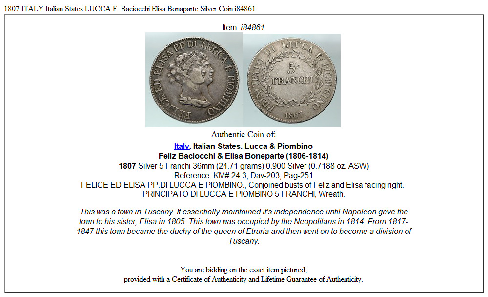 1807 ITALY Italian States LUCCA F. Baciocchi Elisa Bonaparte Silver Coin i84861