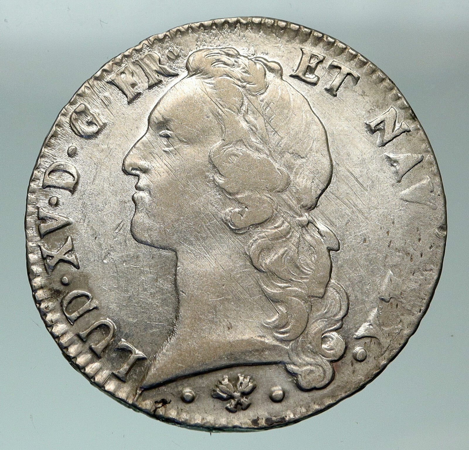 1767 L FRANCE King LOUIS XV Headband Antique OLD French Silver Ecu Coin i84863