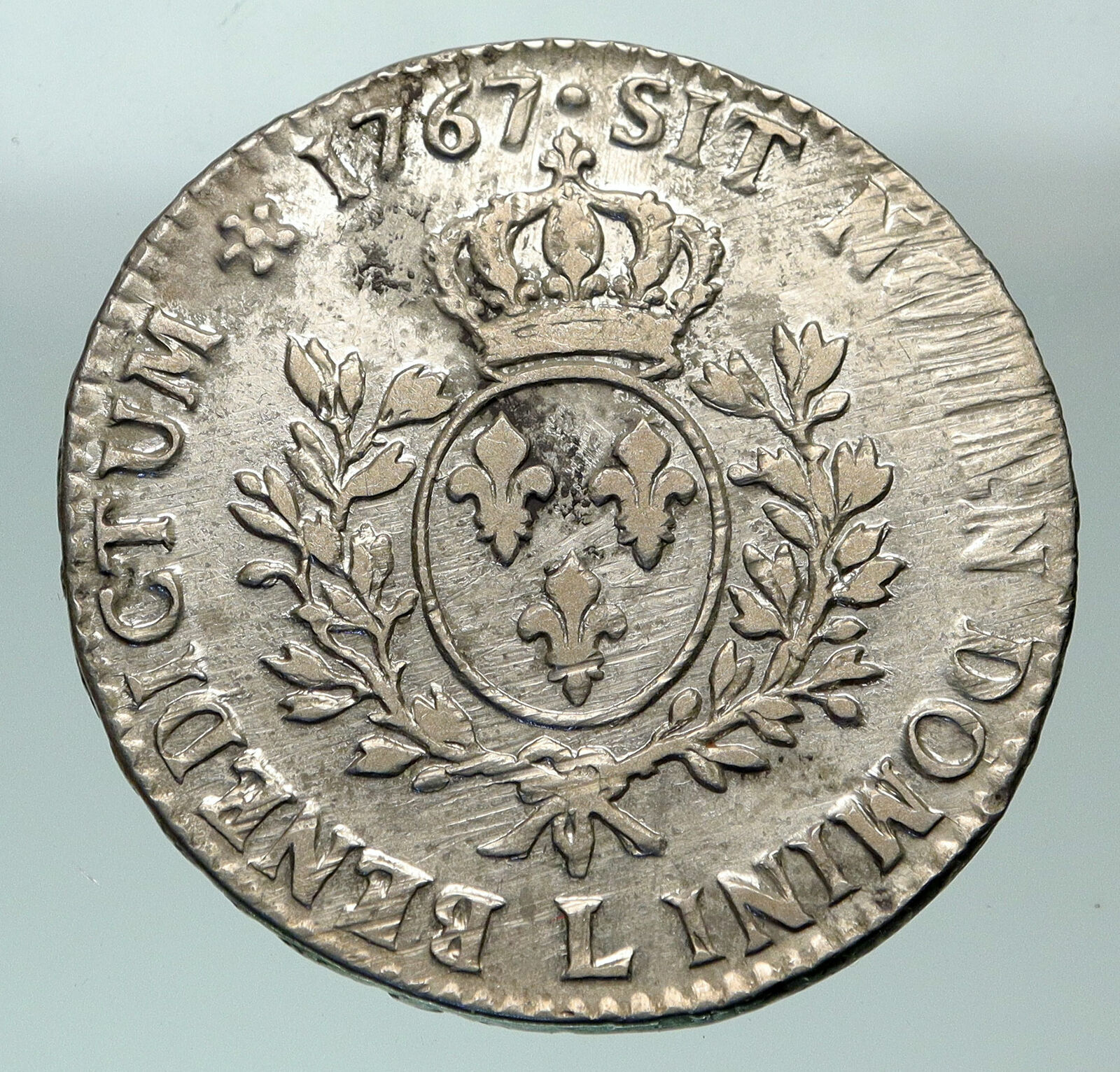 1767 L FRANCE King LOUIS XV Headband Antique OLD French Silver Ecu Coin i84863