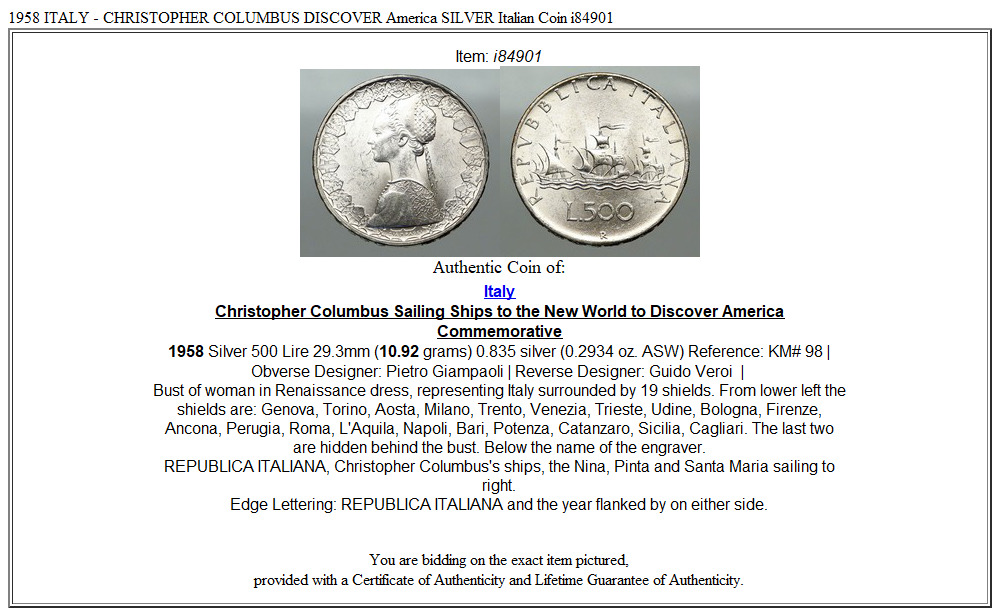 1958 ITALY - CHRISTOPHER COLUMBUS DISCOVER America SILVER Italian Coin i84901