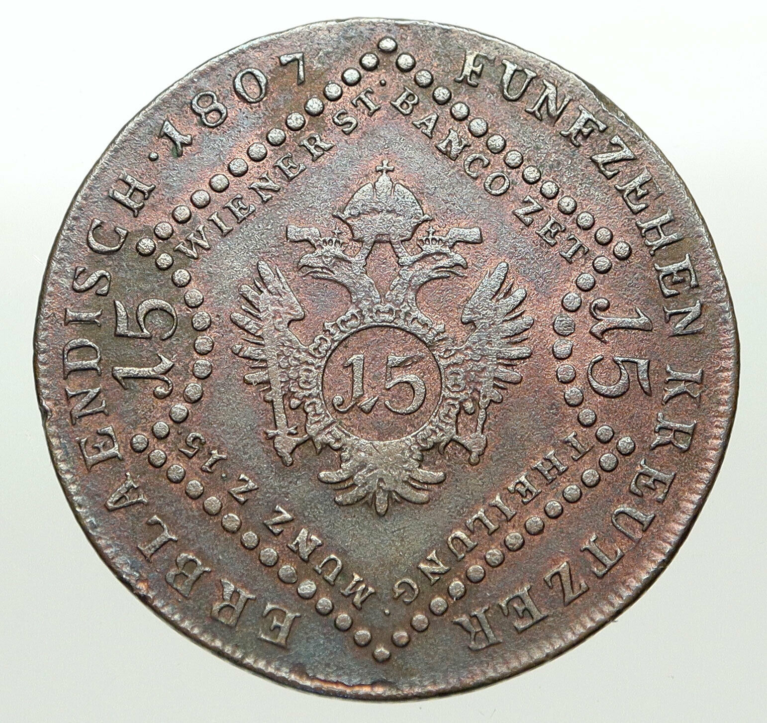 1807 AUSTRIA Emperor FRANZ Francis II OLD Antique 15Kreuzer Austrian Coin i84913