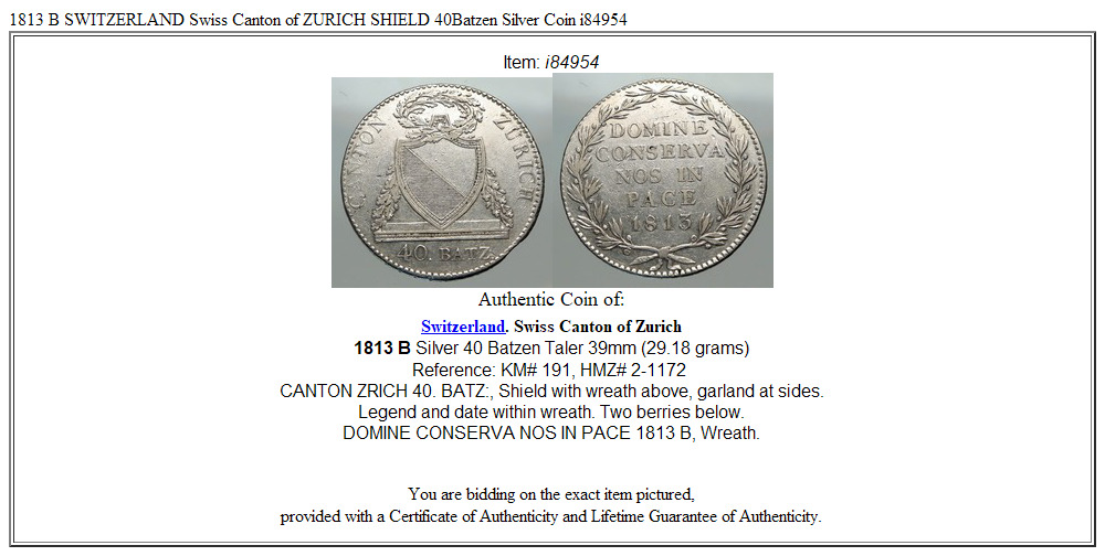 1813 B SWITZERLAND Swiss Canton of ZURICH SHIELD 40Batzen Silver Coin i84954