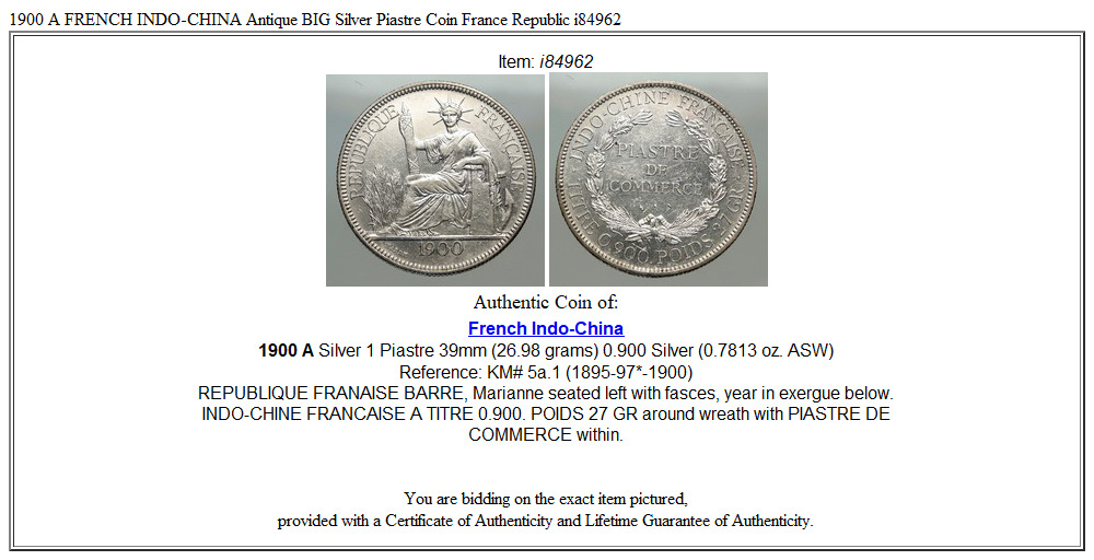 1900 A FRENCH INDO-CHINA Antique BIG Silver Piastre Coin France Republic i84962