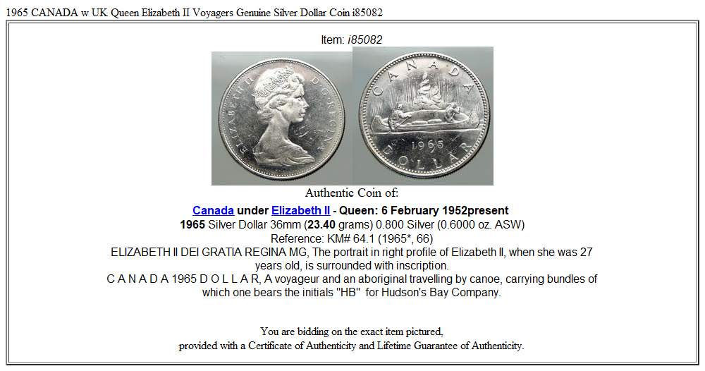 1965 CANADA w UK Queen Elizabeth II Voyagers Genuine Silver Dollar Coin i85082