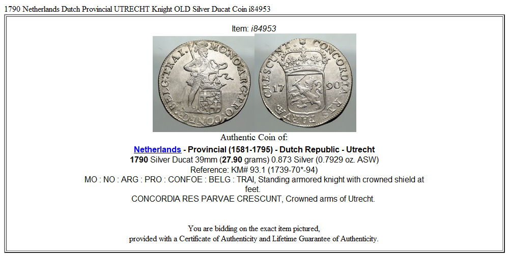 1790 Netherlands Dutch Provincial UTRECHT Knight OLD Silver Ducat Coin i84953