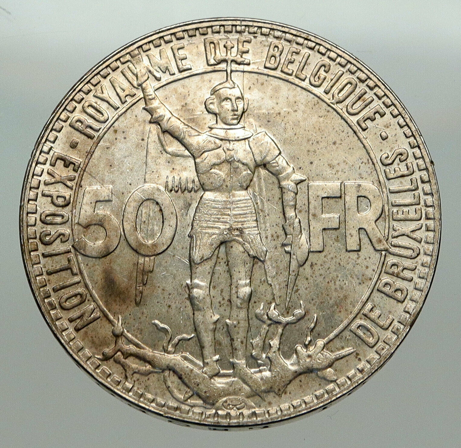 1935 BELGIUM BRUSSELS WORLD's FAIR 58 Saint Michael Silver 50 Francs Coin i84960