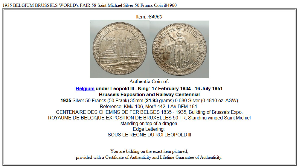 1935 BELGIUM BRUSSELS WORLD's FAIR 58 Saint Michael Silver 50 Francs Coin i84960