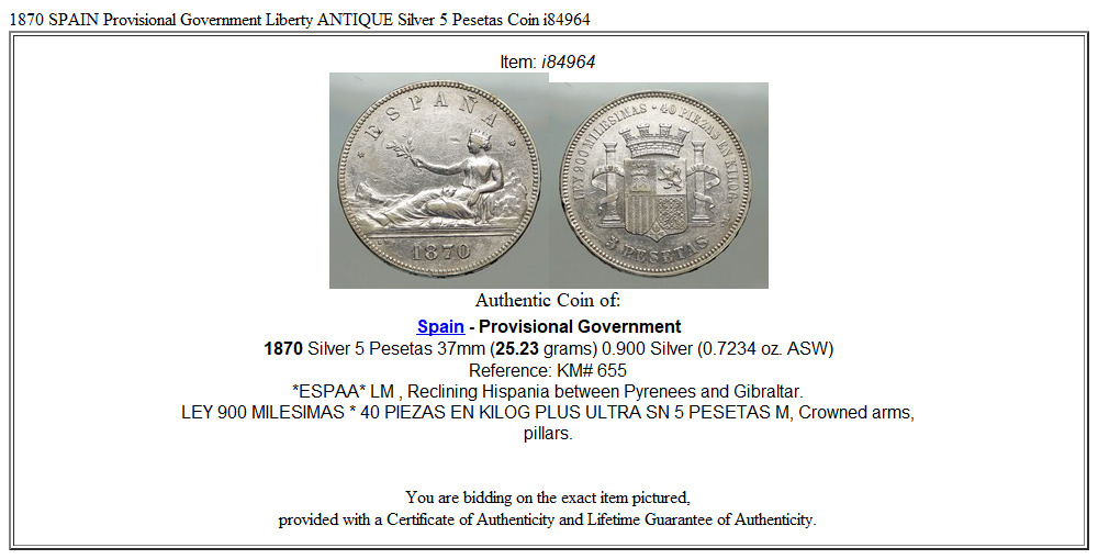 1870 SPAIN Provisional Government Liberty ANTIQUE Silver 5 Pesetas Coin i84964