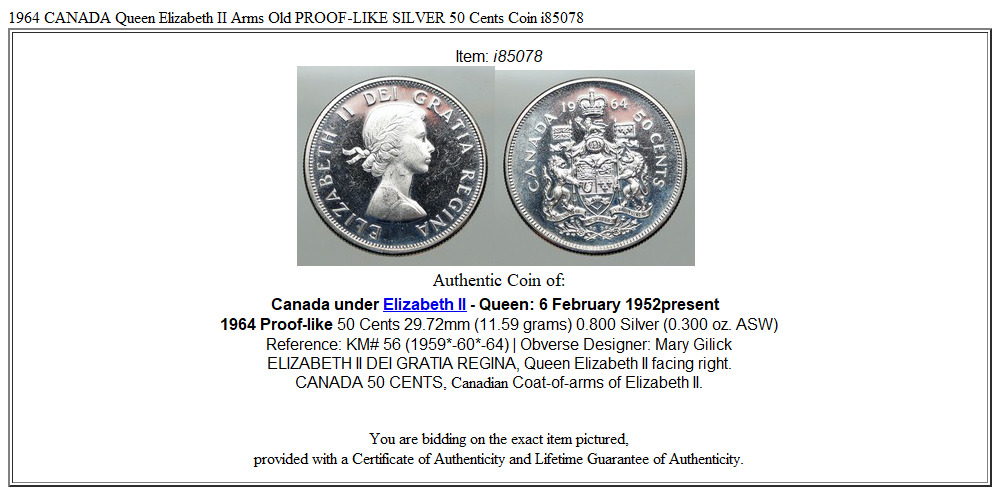 1964 CANADA Queen Elizabeth II Arms Old PROOF-LIKE SILVER 50 Cents Coin i85078