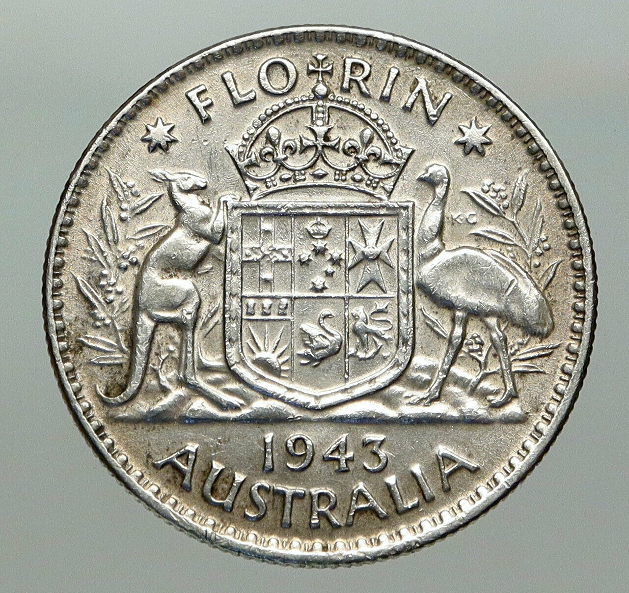 1943 AUSTRALIA Large King George VI Kangaroos Antique Silver Florin Coin i85079