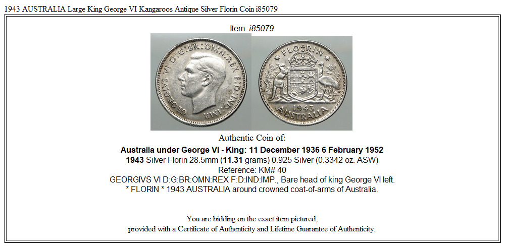 1943 AUSTRALIA Large King George VI Kangaroos Antique Silver Florin Coin i85079