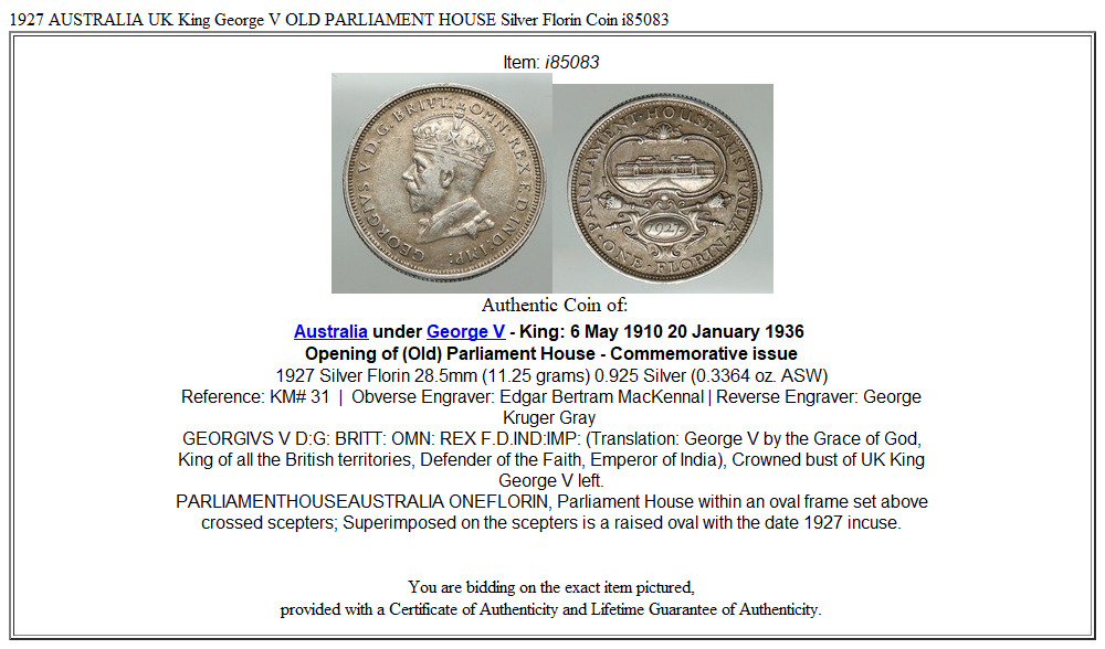 1927 AUSTRALIA UK King George V OLD PARLIAMENT HOUSE Silver Florin Coin i85083