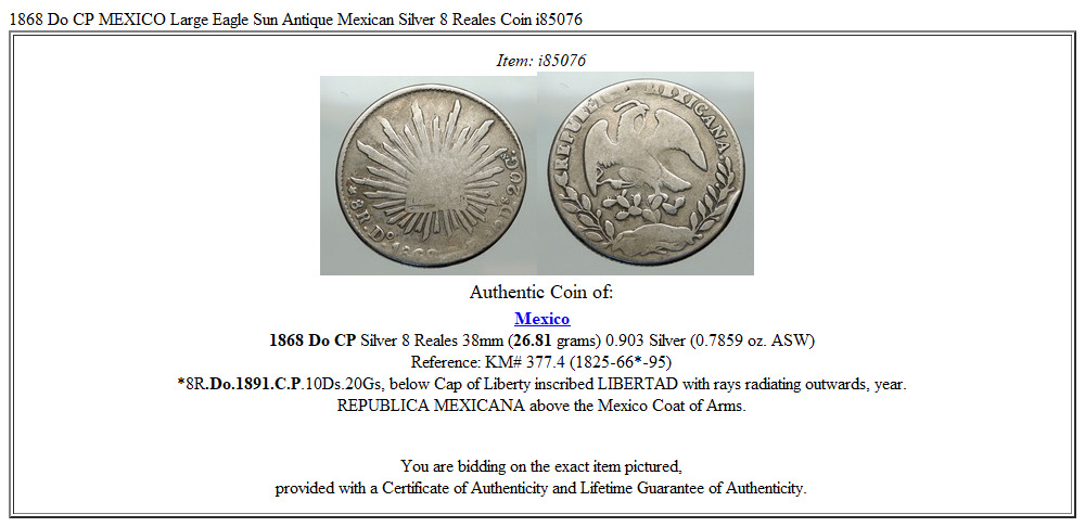 1868 Do CP MEXICO Large Eagle Sun Antique Mexican Silver 8 Reales Coin i85076