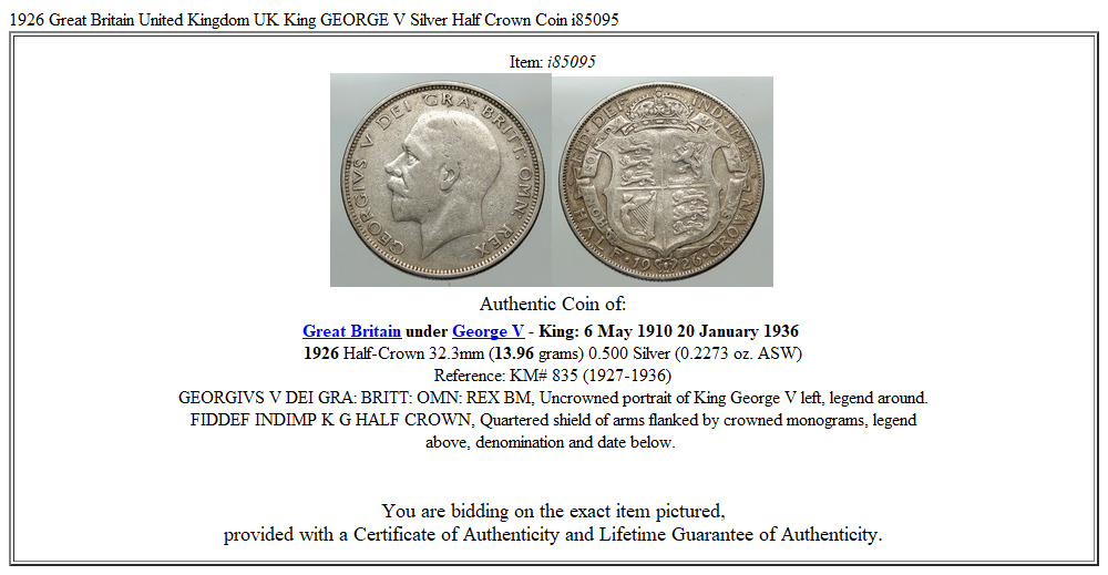 1926 Great Britain United Kingdom UK King GEORGE V Silver Half Crown Coin i85095