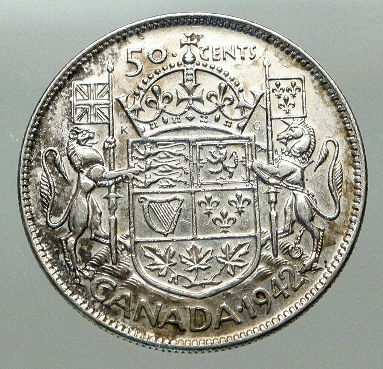 1942 CANADA WWII Time SILVER 50 Cents Coin UK King GEORGE VI Coat-of-Arms i85096