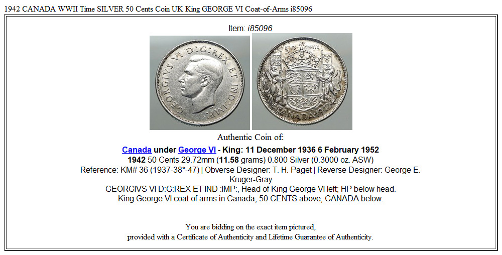 1942 CANADA WWII Time SILVER 50 Cents Coin UK King GEORGE VI Coat-of-Arms i85096