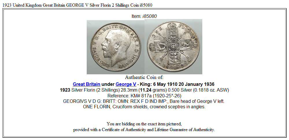 1923 United Kingdom Great Britain GEORGE V Silver Florin 2 Shillings Coin i85080