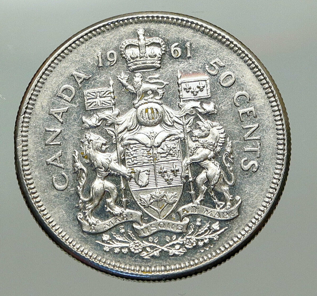 1961 CANADA Queen Elizabeth II Arms Crown VINTAGE SILVER 50 Cents Coin i85101