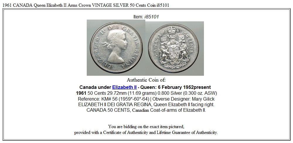 1961 CANADA Queen Elizabeth II Arms Crown VINTAGE SILVER 50 Cents Coin i85101