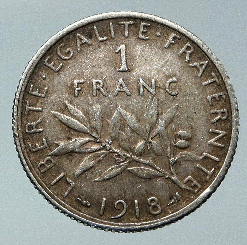 1918 FRANCE La Semeuse Sower Woman ANTIQUE OLD Silver 1 Franc French Coin i85965