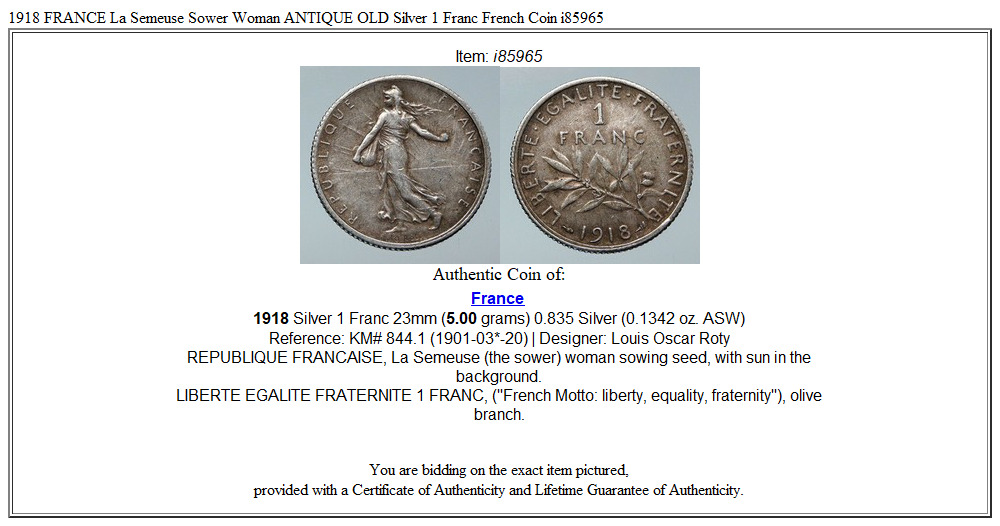 1918 FRANCE La Semeuse Sower Woman ANTIQUE OLD Silver 1 Franc French Coin i85965