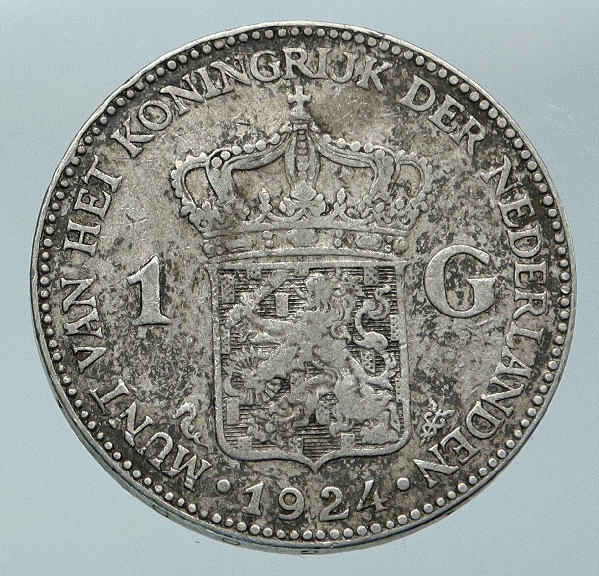 1924 NETHERLANDS Kingdom w Queen WILHELMINA Vintage Silver 1 Gulden Coin i85941