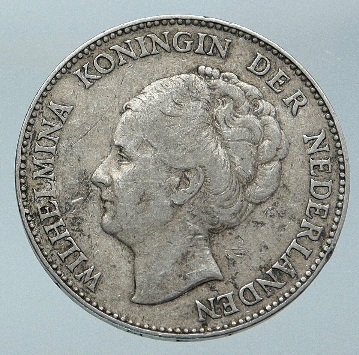 1924 NETHERLANDS Kingdom w Queen WILHELMINA Vintage Silver 1 Gulden Coin i85941