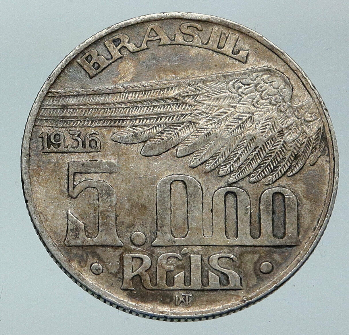 1938 BRAZIL Alberto Santos Dumont AVIATION Antique Silver 5000 Reis Coin i85952