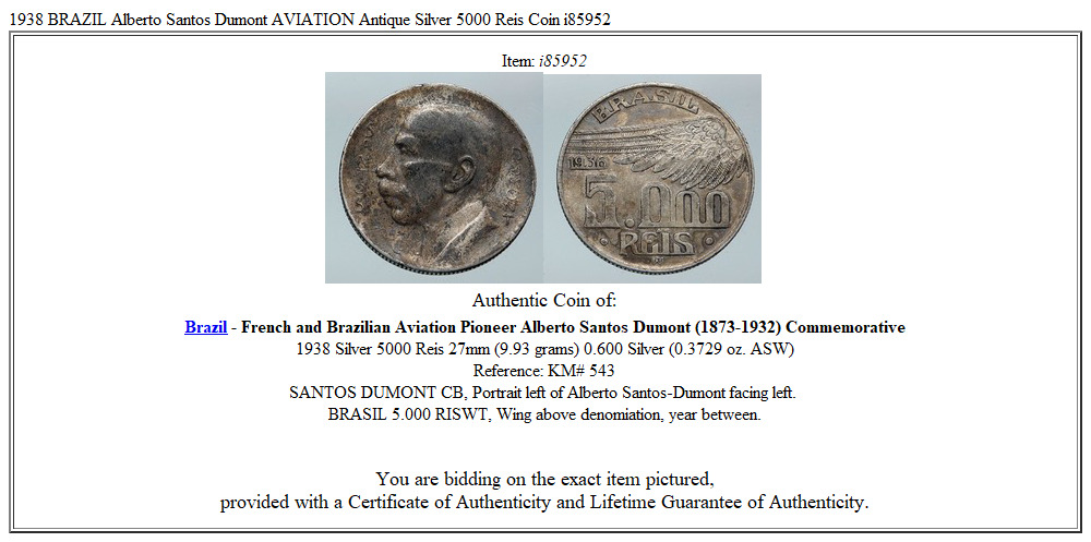 1938 BRAZIL Alberto Santos Dumont AVIATION Antique Silver 5000 Reis Coin i85952