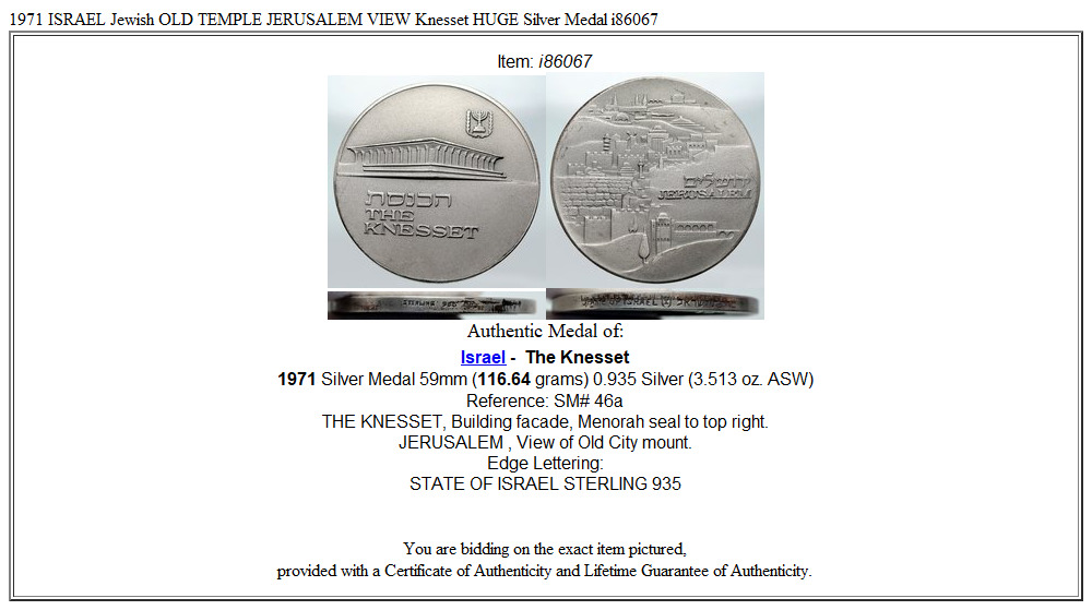 1971 ISRAEL Jewish OLD TEMPLE JERUSALEM VIEW Knesset HUGE Silver Medal i86067