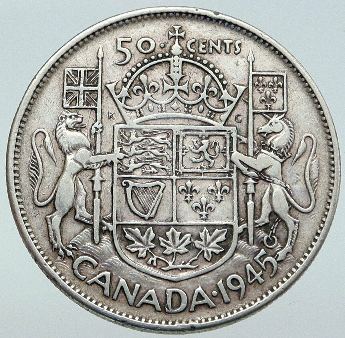 1945 CANADA WWII Time UK King GEORGE VI Coat-of-Arms SILVER 50 Cents Coin i86116