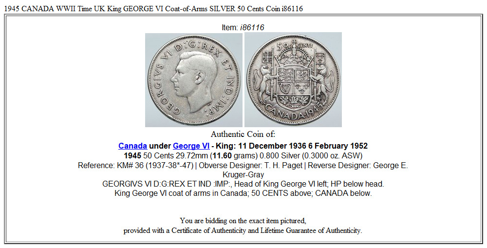 1945 CANADA WWII Time UK King GEORGE VI Coat-of-Arms SILVER 50 Cents Coin i86116