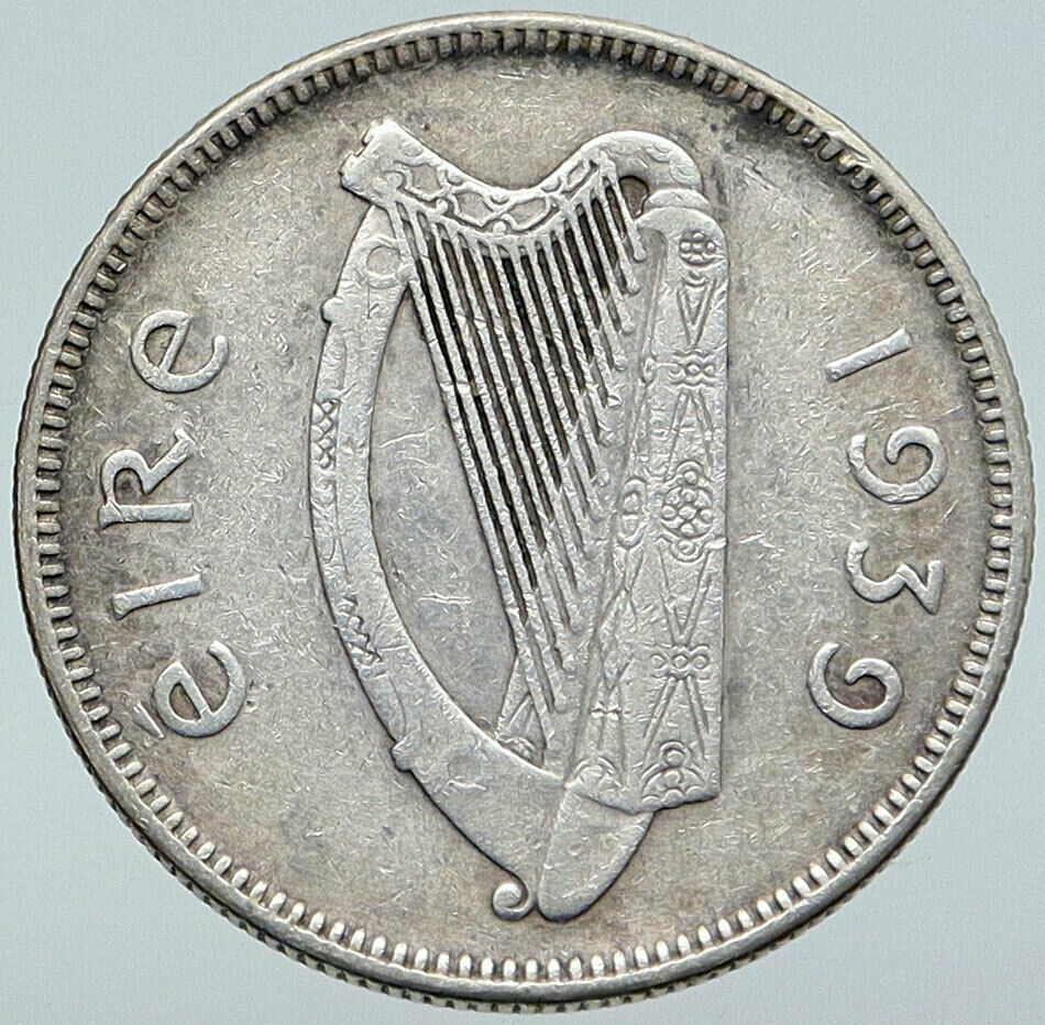 1939 IRELAND with BULL & LYRE HARP MUSIC Vintage IRISH OLD Shilling Coin i86120