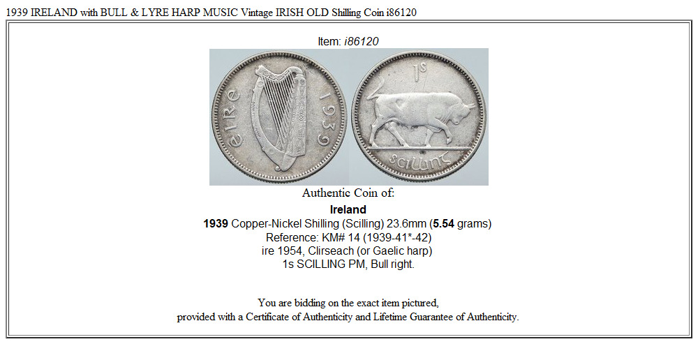 1939 IRELAND with BULL & LYRE HARP MUSIC Vintage IRISH OLD Shilling Coin i86120