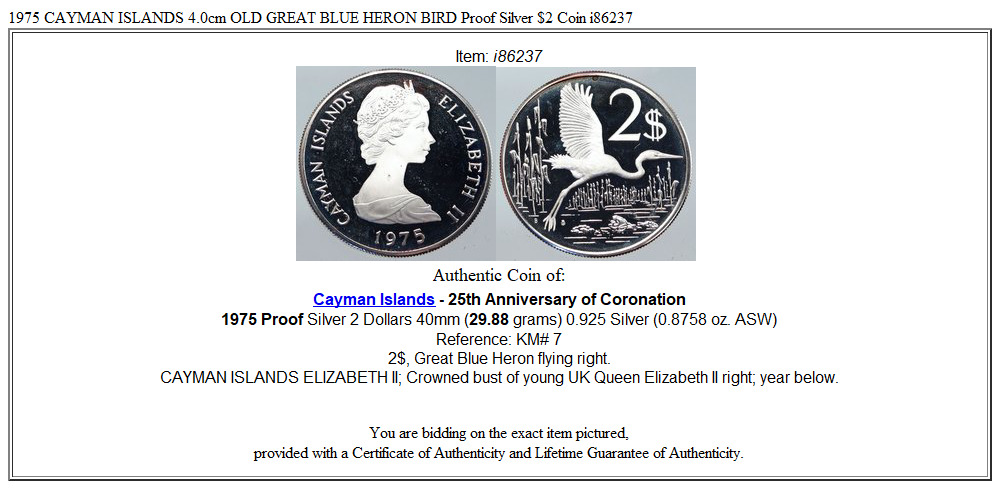 1975 CAYMAN ISLANDS 4.0cm OLD GREAT BLUE HERON BIRD Proof Silver $2 Coin i86237