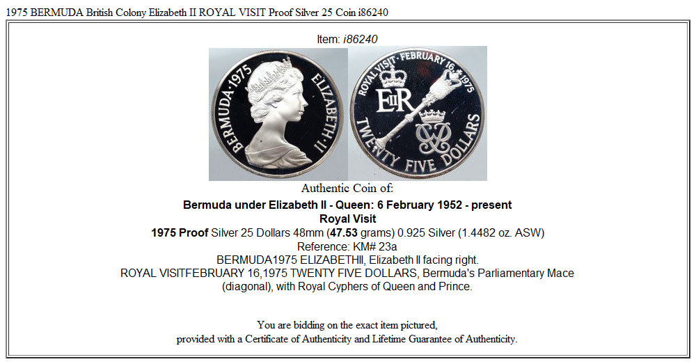 1975 BERMUDA British Colony Elizabeth II ROYAL VISIT Proof Silver 25 Coin i86240