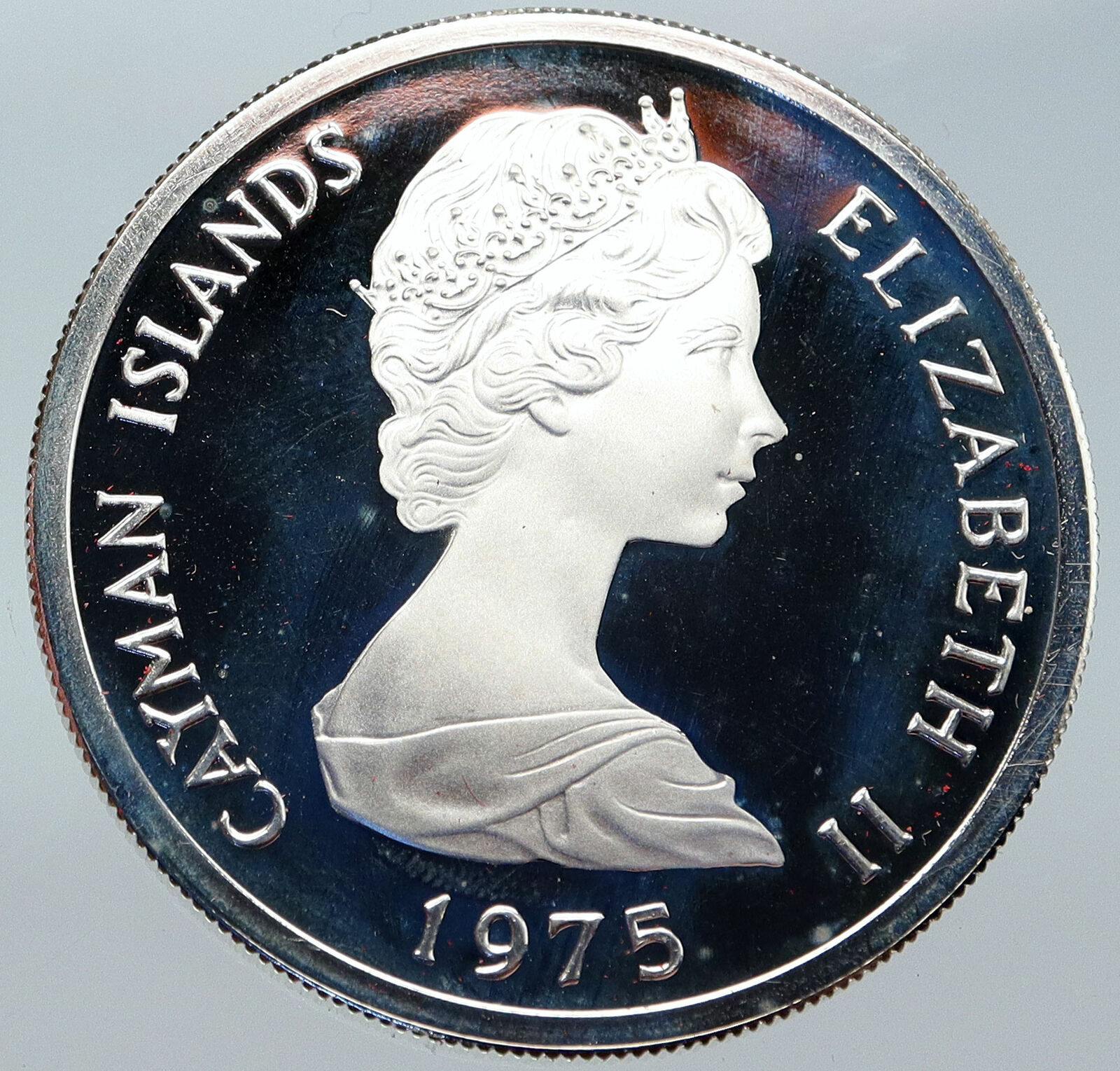 1975 CAYMAN ISLANDS UK Queen Elizabeth II 4.2cm OLD Proof Silver $5 Coin i86235