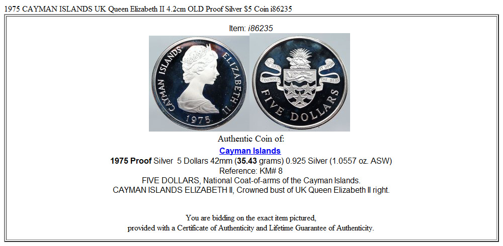 1975 CAYMAN ISLANDS UK Queen Elizabeth II 4.2cm OLD Proof Silver $5 Coin i86235