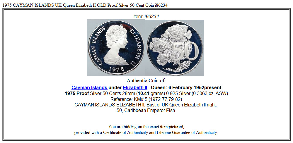 1975 CAYMAN ISLANDS UK Queen Elizabeth II OLD Proof Silver 50 Cent Coin i86234