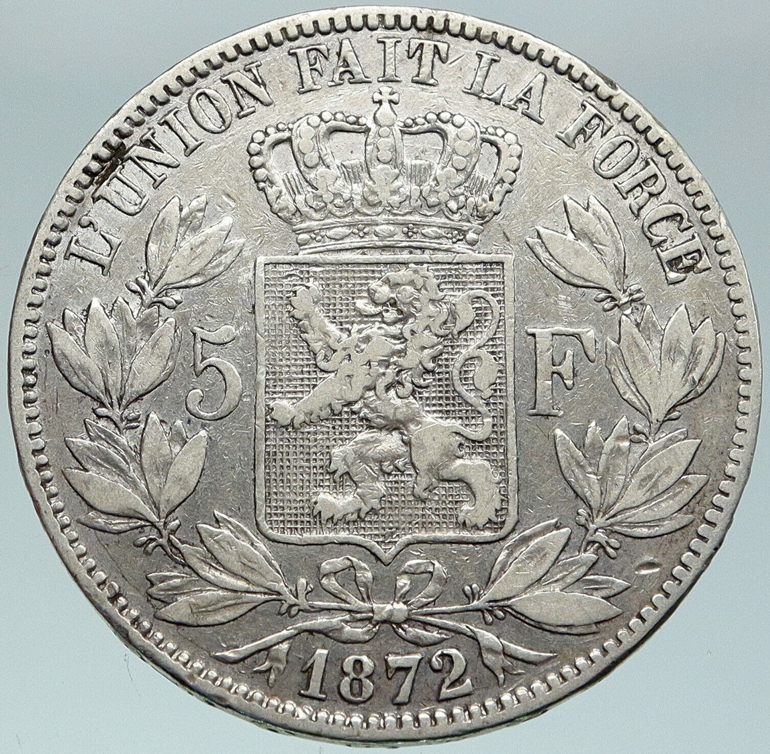 1872 BELGIUM with King LEOPOLD II and LION Antique Silver 5 Francs Coin i87474