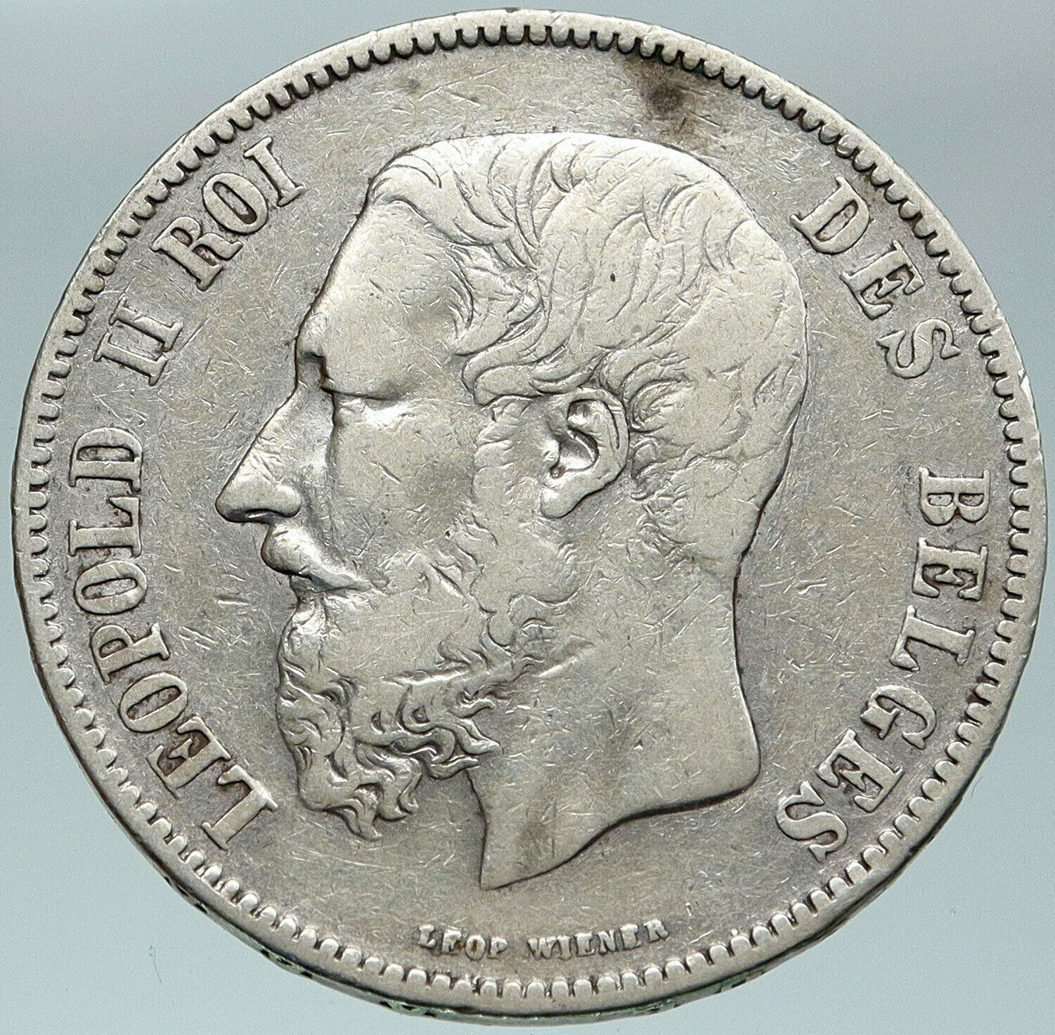 1872 BELGIUM with King LEOPOLD II and LION Antique Silver 5 Francs Coin i87474