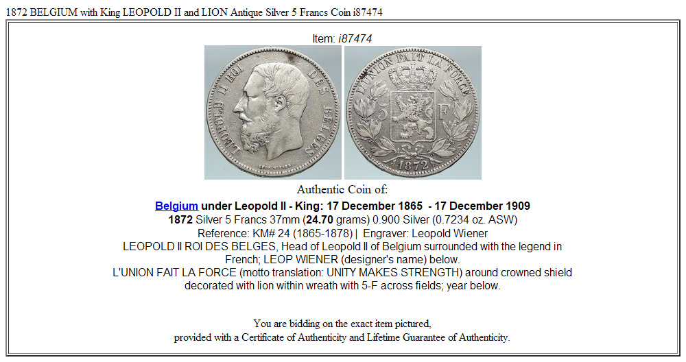 1872 BELGIUM with King LEOPOLD II and LION Antique Silver 5 Francs Coin i87474