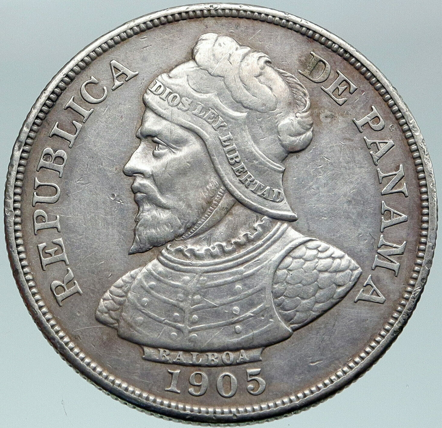 1905 PANAMA CONQUISTADOR BALBOA Antique OLD Silver 50 Centesimos Coin i87477