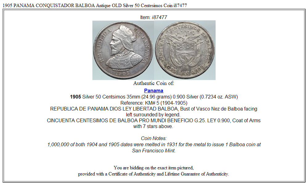 1905 PANAMA CONQUISTADOR BALBOA Antique OLD Silver 50 Centesimos Coin i87477