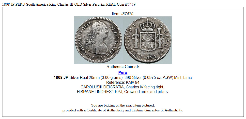 1808 JP PERU South America King Charles III OLD Silver Peruvian REAL Coin i87479