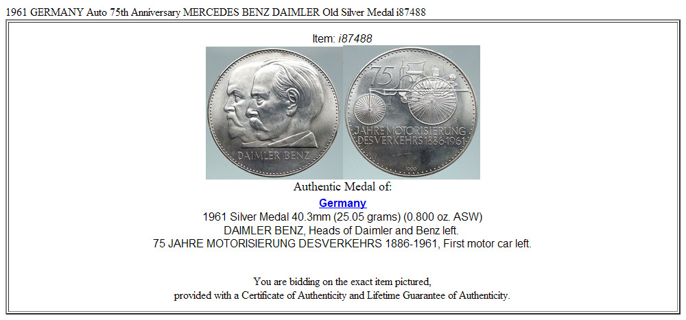 1961 GERMANY Auto 75th Anniversary MERCEDES BENZ DAIMLER Old Silver Medal i87488